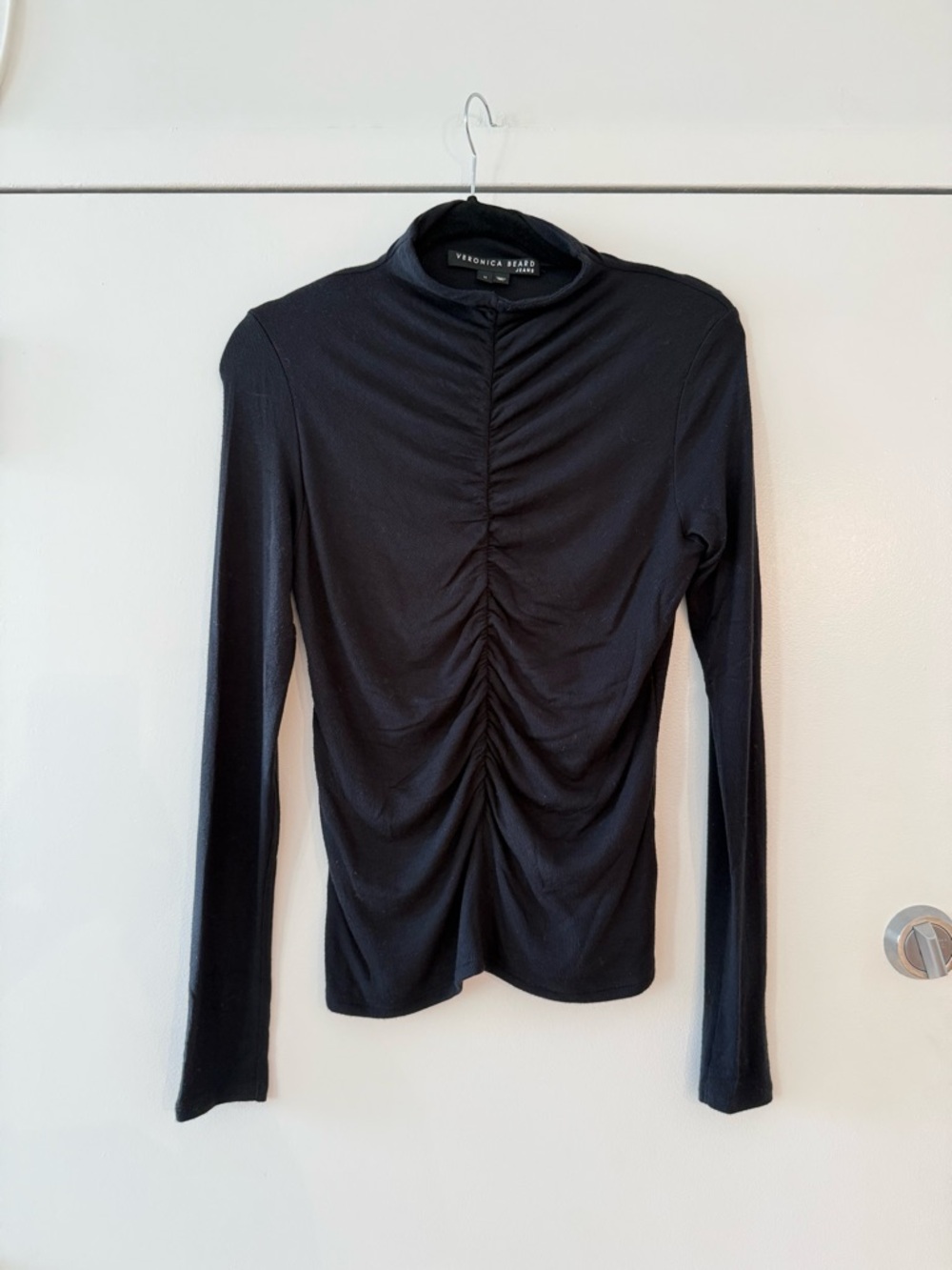 Veronica Beard Black Ruched High-Neck Long Sleeve Top